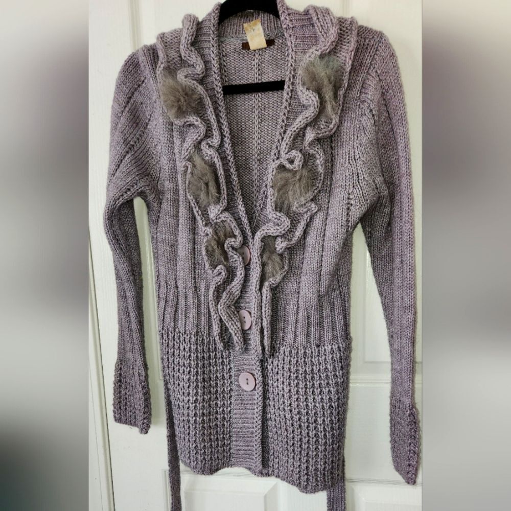 Feline Fancy Sweater Faux Fur gray CROCHET Size Small